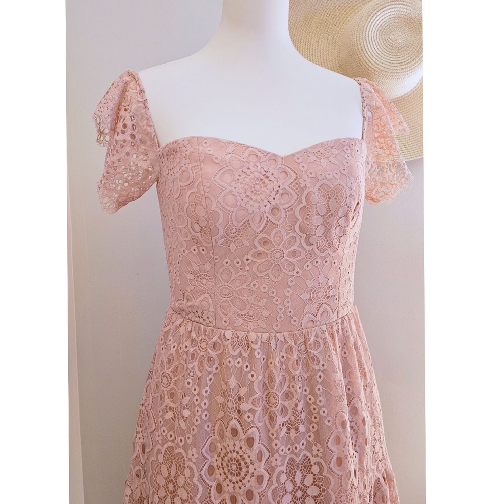Dress The Population Blush Pink Lace Eyelets Tiered Short Sleeves Midi Dress - Picture 10 of 10